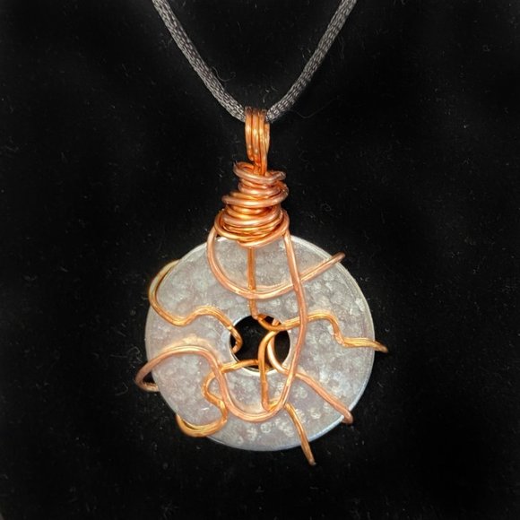 Copper Wire Wrapped Hammered Stainless Steel Washer Pendant on Satin Cord - Picture 5 of 9
